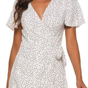 Naggoo Women's Wrap V Neck Polka Dot, Medium, White